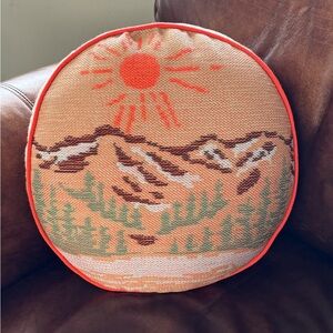 Hearth & Hand Round Mountain Sunrise Needlepoint Pillow in Orange, Green, Brown